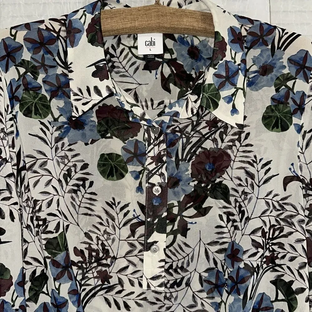 CAbi L Victoria Winter Floral Long Sleeve Front Tuck High Low Long Sleeve Blouse - Picture 9 of 16
